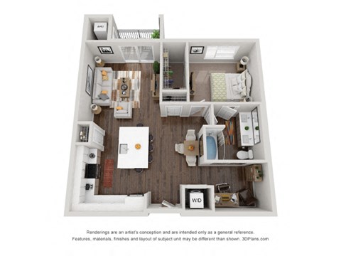Floor plan for 1 bed, 1 bath, 909 sqft